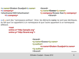 <x:name>Ghalem Ouadjed</x:name>             <brand>
<x:company>                                 <y:name>Eoweo</y:name>
<shortname>GO</shortname>                   <y:company>Eoweo Sas</y:company>
    </x:company>                                    </brand>

x et y sont des “namespace prefixes”. Ainsi, les éléments name ne sont pas identiques,
du fait que l’un appartient à un namespace et que l’autre appartient à un namespace
différent.
           <root
           xmlns:x=“http://people.org“
           xmlns:y=“http://brand.org“>


                                   <brand>
                                   <y:name>Eoweo</y:name>
                                   <y:author>
                                           <x:name>Ghalem Ouadjed</x:name>
                                   </y:author>
                                   </brand>                            ©Semsphère



                                ©Ghalem Ouadjed – Eoweo 2012                     9
 