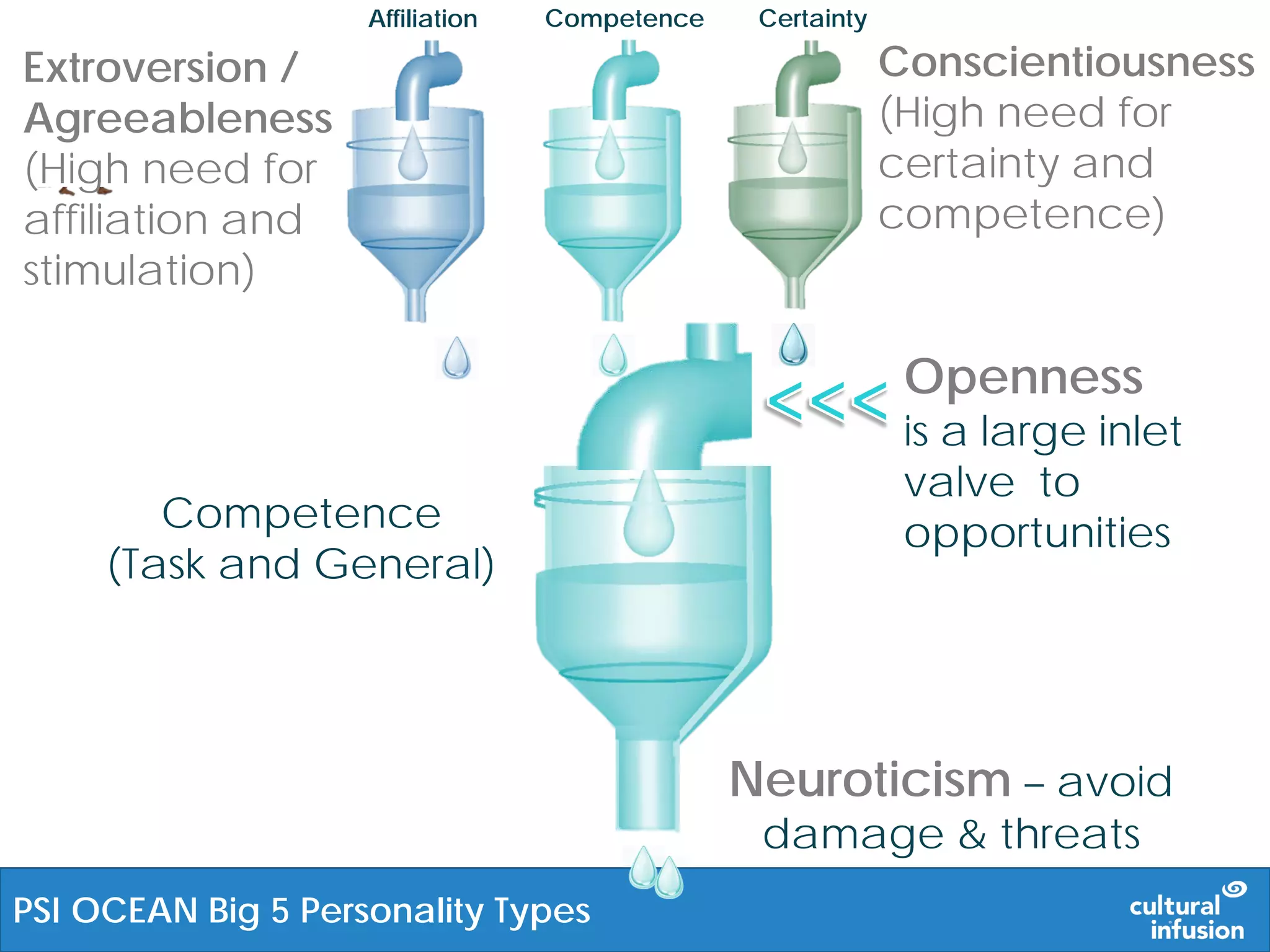 Competence
(Task and General)
Neuroticism – avoid
damage & threats
Openness
is a large inlet
valve to
opportunities
Extroversion /
Agreeableness
(High need for
affiliation and
stimulation)
Conscientiousness
(High need for
certainty and
competence)
PSI OCEAN Big 5 Personality Types
Affiliation Competence Certainty
 