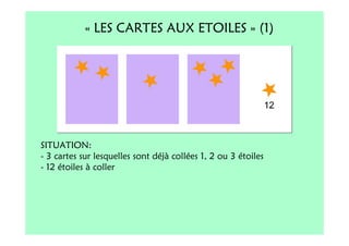 « LES CARTES AUX ETOILES » (1)




SITUATION:
- 3 cartes sur lesquelles sont déjà collées 1, 2 ou 3 étoiles
- 12 étoiles à coller
 