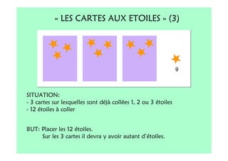 « LES CARTES AUX ETOILES » (3)




SITUATION:
- 3 cartes sur lesquelles sont déjà collées 1, 2 ou 3 étoiles
- 12 étoiles à coller


BUT: Placer les 12 étoiles.
     Sur les 3 cartes il devra y avoir autant d’étoiles.
 