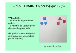 « MASTERMIND blocs logiques » (6)


VARIABLES:
 - le nombre de propriétés
en jeu.
- le nombre de valeurs pour
chacune des propriétés.

(Propriétés et valeurs doivent
être facilement identifiables
par les enfants.)


                                 3 formes, 2 couleurs
 