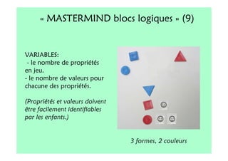 « MASTERMIND blocs logiques » (9)


VARIABLES:
 - le nombre de propriétés
en jeu.
- le nombre de valeurs pour
chacune des propriétés.

(Propriétés et valeurs doivent
être facilement identifiables
par les enfants.)


                                 3 formes, 2 couleurs
 