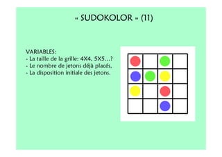 « SUDOKOLOR » (11)


VARIABLES:
- La taille de la grille: 4X4, 5X5…?
- Le nombre de jetons déjà placés,
- La disposition initiale des jetons.
 