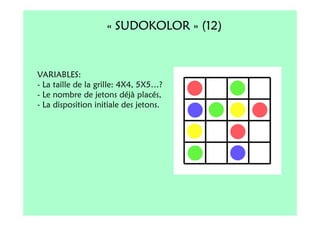 « SUDOKOLOR » (12)


VARIABLES:
- La taille de la grille: 4X4, 5X5…?
- Le nombre de jetons déjà placés,
- La disposition initiale des jetons.
 