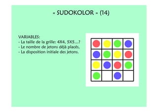« SUDOKOLOR » (14)


VARIABLES:
- La taille de la grille: 4X4, 5X5…?
- Le nombre de jetons déjà placés,
- La disposition initiale des jetons.
 