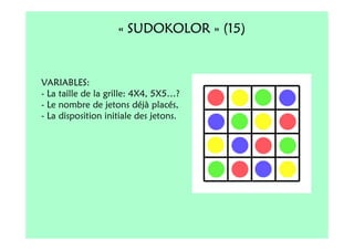 « SUDOKOLOR » (15)


VARIABLES:
- La taille de la grille: 4X4, 5X5…?
- Le nombre de jetons déjà placés,
- La disposition initiale des jetons.
 