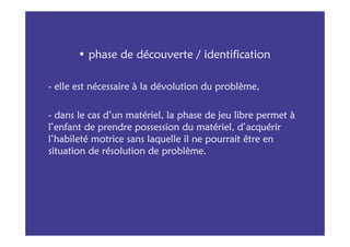 • phase de découverte / identification

- elle est nécessaire à la dévolution du problème,

- dans le cas d’un matériel, la phase de jeu libre permet à
l’enfant de prendre possession du matériel, d’acquérir
l’habileté motrice sans laquelle il ne pourrait être en
situation de résolution de problème.
 