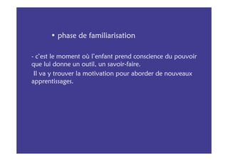 • phase de familiarisation

- c’est le moment où l’enfant prend conscience du pouvoir
que lui donne un outil, un savoir-faire.
 Il va y trouver la motivation pour aborder de nouveaux
apprentissages.
 