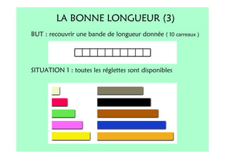 LA BONNE LONGUEUR (3)
BUT : recouvrir une bande de longueur donnée ( 10 carreaux )




SITUATION 1 : toutes les réglettes sont disponibles
 