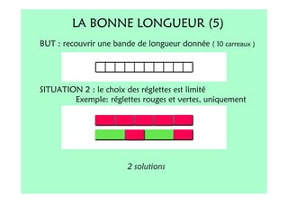 LA BONNE LONGUEUR (5)
BUT : recouvrir une bande de longueur donnée ( 10 carreaux )




SITUATION 2 : le choix des réglettes est limité
        Exemple: réglettes rouges et vertes, uniquement




                        2 solutions
 