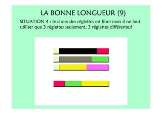 LA BONNE LONGUEUR (9)
SITUATION 4 : le choix des réglettes est libre mais il ne faut
utiliser que 3 réglettes seulement, 3 réglettes différentes!
 