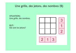 Une grille, des jetons, des nombres (8)


SITUATION:
Une grille, des nombres.


BUT:
Où sont les jetons?
 