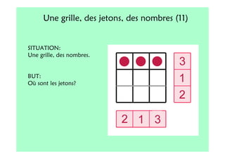 Une grille, des jetons, des nombres (11)


SITUATION:
Une grille, des nombres.


BUT:
Où sont les jetons?
 