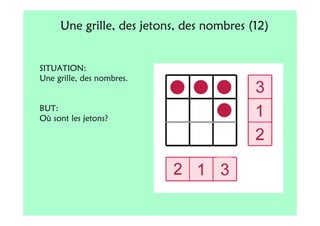 Une grille, des jetons, des nombres (12)


SITUATION:
Une grille, des nombres.


BUT:
Où sont les jetons?
 