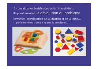 1 - une situation initiale avec un but à atteindre…
Un point essentiel,   la dévolution du problème.
Permettre l’identification de la situation et de la tâche…
- par le matériel: il pose à lui seul le problème…
 