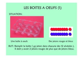 LES BOITES A OEUFS (1)
SITUATION:




  Une boîte à oeufs                    Des jetons rouges et bleus

BUT: Remplir la boîte ( un jeton dans chacune des 12 alvéoles ).
     Il doit y avoir 2 jetons rouges de plus que de jetons bleus.
 