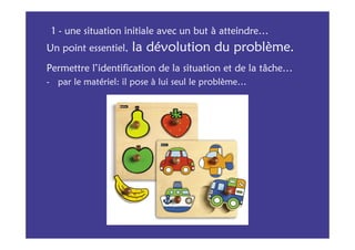 1 - une situation initiale avec un but à atteindre…
Un point essentiel,   la dévolution du problème.
Permettre l’identification de la situation et de la tâche…
- par le matériel: il pose à lui seul le problème…
 