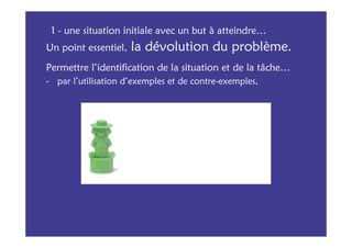 1 - une situation initiale avec un but à atteindre…
Un point essentiel,   la dévolution du problème.
Permettre l’identification de la situation et de la tâche…
- par l’utilisation d’exemples et de contre-exemples,
 