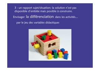 3 - un rapport sujet/situation: la solution n’est pas
 disponible d’emblée mais possible à construire.

Envisager   la différenciation     dans les activités...
  par le jeu des variables didactiques
 