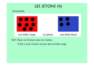 LES JETONS (4)
SITUATION:




BUT: Placer les 12 jetons dans les 2 boîtes.
      Il doit y avoir 2 jetons de plus dans la boîte rouge.
 