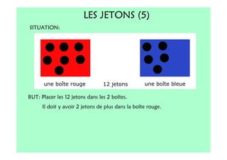 LES JETONS (5)
SITUATION:




BUT: Placer les 12 jetons dans les 2 boîtes.
      Il doit y avoir 2 jetons de plus dans la boîte rouge.
 