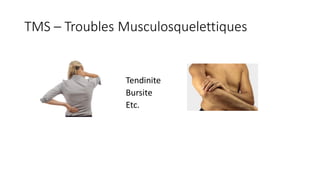 TMS – Troubles Musculosquelettiques
Tendinite
Bursite
Etc.
 