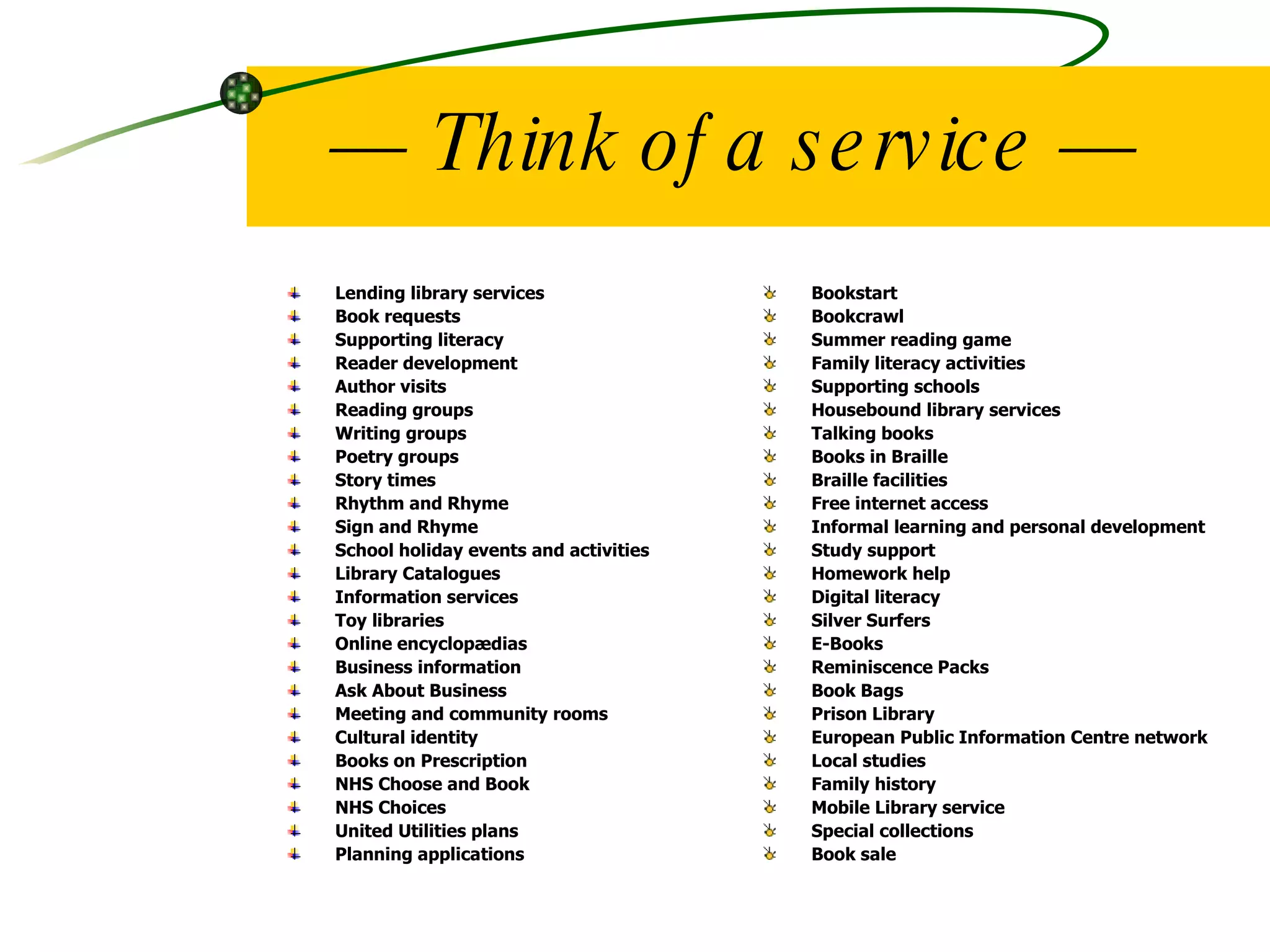 —  Think of a service — Lending library services Book requests Supporting literacy Reader development Author visits Reading groups Writing groups Poetry groups Story times Rhythm and Rhyme Sign and Rhyme School holiday events and activities Library Catalogues Information services Toy libraries Online encyclopædias Business information Ask About Business Meeting and community rooms Cultural identity Books on Prescription NHS Choose and Book NHS Choices United Utilities plans Planning applications Bookstart Bookcrawl Summer reading game Family literacy activities Supporting schools Housebound library services Talking books Books in Braille Braille facilities Free internet access Informal learning and personal development Study support Homework help Digital literacy Silver Surfers E-Books Reminiscence Packs Book Bags Prison Library European Public Information Centre network Local studies Family history Mobile Library service Special collections Book sale 