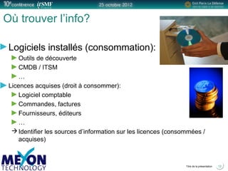 Positionner le logo
de la société du présentateur
à la place
de ce bloc texte
Titre de la présentation
Où trouver l’info?
Logiciels installés (consommation):
Outils de découverte
CMDB / ITSM
…
Licences acquises (droit à consommer):
Logiciel comptable
Commandes, factures
Fournisseurs, éditeurs
…
Identifier les sources d’information sur les licences (consommées /
acquises)
12
 
