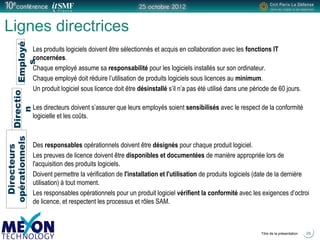Positionner le logo
de la société du présentateur
à la place
de ce bloc texte
Titre de la présentation
Lignes directrices
28
Les produits logiciels doivent être sélectionnés et acquis en collaboration avec les fonctions IT
concernées.
Chaque employé assume sa responsabilité pour les logiciels installés sur son ordinateur.
Chaque employé doit réduire l’utilisation de produits logiciels sous licences au minimum.
Un produit logiciel sous licence doit être désinstallé s’il n’a pas été utilisé dans une période de 60 jours.
Les directeurs doivent s’assurer que leurs employés soient sensibilisés avec le respect de la conformité
logicielle et les coûts.
Des responsables opérationnels doivent être désignés pour chaque produit logiciel.
Les preuves de licence doivent être disponibles et documentées de manière appropriée lors de
l'acquisition des produits logiciels.
Doivent permettre la vérification de l'installation et l'utilisation de produits logiciels (date de la dernière
utilisation) à tout moment.
Les responsables opérationnels pour un produit logiciel vérifient la conformité avec les exigences d’octroi
de licence, et respectent les processus et rôles SAM.
Employé
s
Directio
n
Directeurs
opérationnels
 