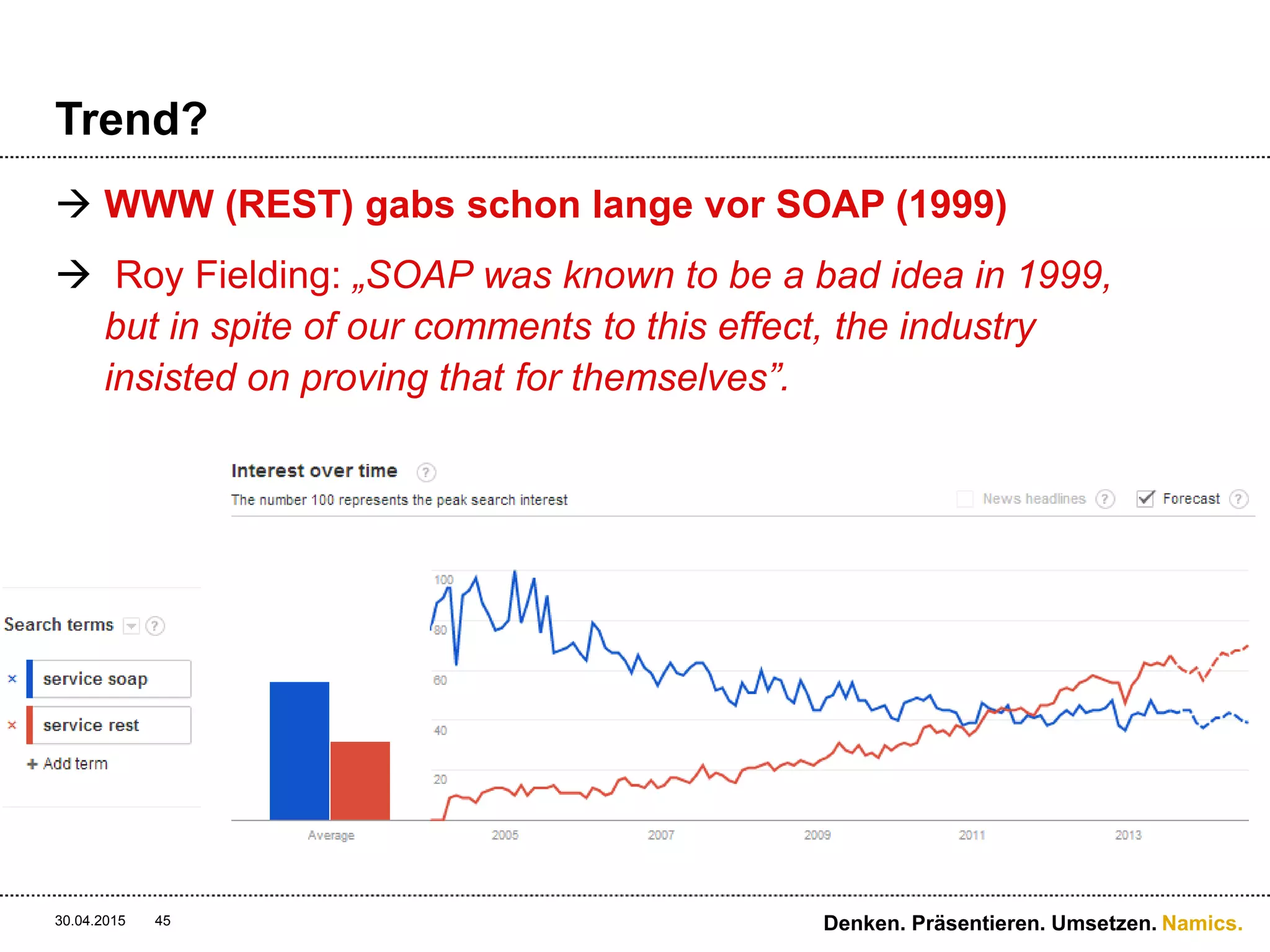 Namics.
Grundregel: Postel’s Law
“TCP implementations should follow a general principle of
robustness: Be conservative in what you do, be liberal in
what you accept from others.”
http://tools.ietf.org/html/rfc761
30.04.2015 Denken. Präsentieren. Umsetzen.45
 