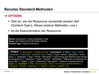 Namics.
Benutze Standard-Methoden
 OPTIONS
 Gibt an, wie die Ressource verwendet werden darf
(Content-Type’s, Allows anderer Methoden, usw.)
 Ist die Dokumentation der Ressource
30.04.2015 Denken. Präsentieren. Umsetzen.25
...
Server: Apache/2.4.1 (Unix) OpenSSL/1.0.0g
Allow: GET,HEAD,POST,OPTIONS,TRACE
Content-Type: httpd/unix-directory
...
{ "POST": { "description": "Create an issue", "parameters": { "title": { "type": "string"
"description": "Issue title.", "required": true }, "body": { "type": "string", "description": "Issue
body.", }, "assignee": { "type": "string", "description" "Login for the user that this issue should
be assigned to." }, "milestone": { "type": "number", "description": "Milestone to associate this
issue with." }, "labels": { "type": "array/string" "description": "Labels to associate with this
issue." } }, "example": { "title": "Found a bug", "body": "I'm having a problem with this.",
"assignee": "octocat", "milestone": 1, "labels": [ "Label1", "Label2" ] } } }
 