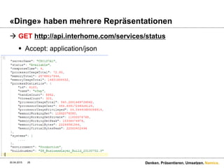 Namics.
«Dinge» haben mehrere Repräsentationen
 GET http://p.namics.com/dscherrer
 Accept: application/json
Oder application/vnd.namics.people+json
30.04.2015 Denken. Präsentieren. Umsetzen.28
{
"firstname": "Daniel",
"lastname" : "Scherrer",
"function" : "Senior Software Architect",
" picture" : "https://www.namics.com/uploads/tx_nezzonamicsemployee/daniel_scherrer.jpg",
"isActive": true,
"Address": {
"name" : "Namics AG",
"street" : "Teuefenerstrasse 19",
"zip" : 9001,
"place" : "St. Gallen"
},
"Contact": {
"phoneBusiness" : "+41 71 228 67 79",
"phoneMobile" : "+41 79 746 79 75",
"eMail" : "daniel.scherrer@namics.com",
"skype" : "daniiiol",
"google+" : "https://plus.google.com/110208095020222465456/"
}
}
 