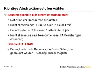 Namics.
Richtige Abstraktionsstufen wählen
 Ganzes Paket in Bytes
30.04.2015 Denken. Präsentieren. Umsetzen.59
GET ../products/1234/ - RESPONSE
Produkt Metadaten
Preisinformationen
Verfügbarkeiten
Header-Informationen
Cache-Control: public;max-age=60
1000 bytes / 5ms
500 bytes / 100ms
2000 bytes / 50ms
400 bytes
3900 bytes
 