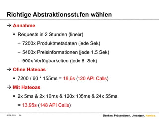 Namics.
Versionierung
 Variante 1
 Media-Type = Versionsnummer
 Accept: application/vnd.namics.conference.track-v2+json
 Variante 2
 Media-Type verändern sich nicht, ein Qualifier wird
hinzugefügt
 Accept: application/vnd.namics.conference.track+json;v=2
 Version 3
 Version wird in der URI gesetzt
 GET /api/v2/conference/tracks/6
30.04.2015 64 Denken. Präsentieren. Umsetzen.
 
