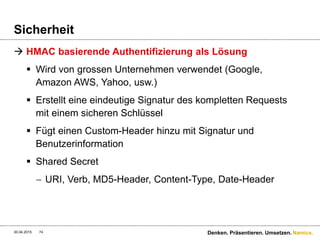 Namics.
Sicherheit
 Die HMAC-Generierung
 Secret Key ist der Private-Schlüssel
30.04.2015 Denken. Präsentieren. Umsetzen.74
import base64
import hmac
import sha
h =
hmac.new("OtxrzxIsfpFjA7SwPzILwy8Bw21TLhquhboDYROV",
"PUTnc8fdb181845a4ca6b8fec737b3581d76ntext/htmlnThu,
17 Nov 2005 18:49:58 GMTnx-amz-magic:abracadabran
x-amz-meta-author:foo@bar.comn/quotes/nelson",
sha)
base64.encodestring(h.digest()).strip()
 
