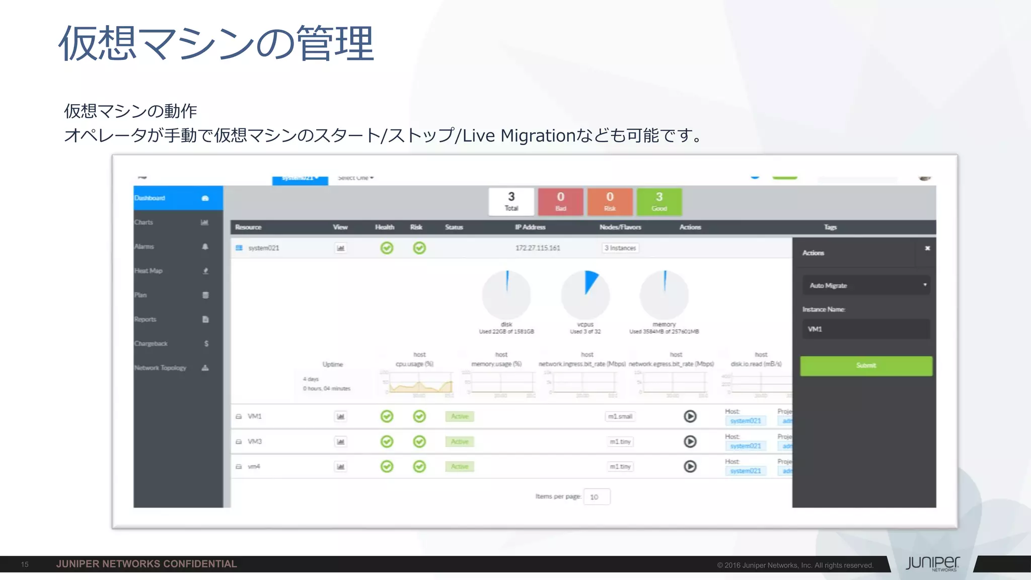 仮想マシンの動作
オペレータが手動で仮想マシンのスタート/ストップ/Live Migrationなども可能です。
仮想マシンの管理
 
