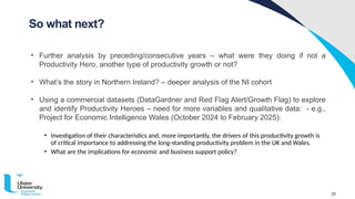 25
• Further analysis by preceding/consecutive years – what were they doing if not a
Productivity Hero, another type of productivity growth or not?
• What’s the story in Northern Ireland? – deeper analysis of the NI cohort
• Using a commercial datasets (DataGardner and Red Flag Alert/Growth Flag) to explore
and identify Productivity Heroes – need for more variables and qualitative data: - e.g.,
Project for Economic Intelligence Wales (October 2024 to February 2025):
• Investigation of their characteristics and, more importantly, the drivers of this productivity growth is
of critical importance to addressing the long-standing productivity problem in the UK and Wales.
• What are the implications for economic and business support policy?
So what next?
 
