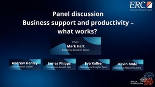 Kevin Mole
Enterprise Research Centre
Chair:
Mark Hart
Enterprise Research Centre
Eva Kolker
Behavioural Insights Team
Andrew Henley
University of Cardiff
James Phipps
Innovation Growth Lab
Panel discussion
Business support and productivity –
what works?
 