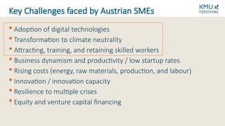 Adoption of digital technologies
 Transformation to climate neutrality
 Attracting, training, and retaining skilled workers
 Business dynamism and productivity / low startup rates
 Rising costs (energy, raw materials, production, and labour)
 Innovation / innovation capacity
 Resilience to multiple crises
 Equity and venture capital financing
Key Challenges faced by Austrian SMEs
 