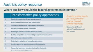 Key intervention points
for transformative
change towards
climate neutrality
Rooted in different
scientific debates and
disciplines
Where and how should the federal government intervene?
Austria’s policy response
Transformative policy approaches
1) Reorienting towards a climate-neutral economy
2) Ensuring a socially inclusive and just transition
3) Shifting to transformative governance arrangements
4) Creating favourable market frameworks
5) Investing in infrastructures for climate-neutrality
6) Building competitive environmental goods and services industries
7) Stimulating eco-entrepreneurship
8) Fostering the adoption of low-carbon alternatives
9) Creating spaces for experimentation and collaboration
10) Supporting businesses to reduce their carbon footprints
Source: Austrian Institute for SME Research
 