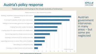 Austrian
government
intervenes
in many
areas – but
some are
neglected
Austria’s policy response
Federal policies contributing to the climate neutrality of enterprises
Source: Austrian Institute for SME Research
 