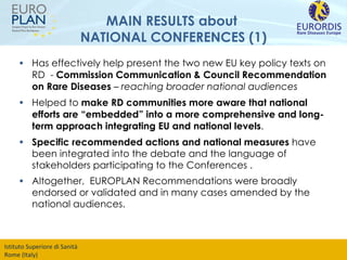 MAIN RESULTS about  NATIONAL CONFERENCES (1) Has effectively help present the two new EU key policy texts on RD  -  Commission Communication & Council Recommendation on Rare Diseases  – reaching broader national audiences Helped to  make RD communities more aware that national efforts are “embedded” into a more comprehensive and long-term approach integrating EU and national levels . Specific recommended actions and national measures  have been integrated into the debate and the language of stakeholders participating to the Conferences .  Altogether,  EUROPLAN Recommendations were broadly endorsed or validated and in many cases amended by the national audiences. 