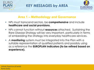 KEY MESSAGES by AREA NPs must transcend sectors, be  comprehensive  and include  healthcare and social provisions . NPs cannot function without  resources  attached.  Sustaining the Rare Disease Strategy will be very important, particularly in terms of embedding the strategy into everyday healthcare services.  A  monitoring  system must be integrated into the Plan with a suitable representation of qualified patients and possibly using as a reference the  EUROPLAN Indicators (to be refined based on experience). Area 1 – Methodology and Governance 
