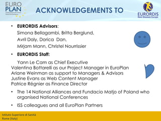 ACKNOWLEDGEMENTS TO  EURORDIS Advisors :  Simona Bellagambi, Britta Berglund,  Avril Daly, Dorica  Dan,  Mirjam Mann, Christel Nourrissier  EURORDIS Staff:  Yann Le Cam as Chief Executive Valentina Bottarelli as our Project Manager in EuroPlan Ariane Weinman as support to Managers & Advisors Justine Evans as Web Content Manager Patrice Régnier as Finance Director The 14 National Alliances and Fundacio Matjo of Poland who organised National Conferences ISS colleagues and all EuroPlan Partners 