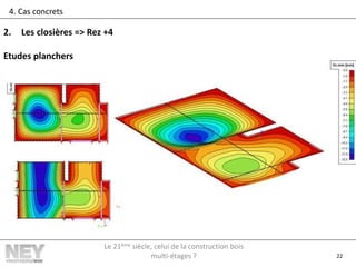 22
4. Cas concrets
2. Les closières => Rez +4
Etudes planchers
Le 21ème siècle, celui de la construction bois
multi-étages ?
 