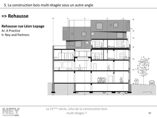 37
5. La construction bois multi-étagée sous un autre angle
=> Rehausse
Rehausse rue Léon Lepage
Ar. A Practice
Ir. Ney and Partners
Le 21ème siècle, celui de la construction bois
multi-étages ?
 