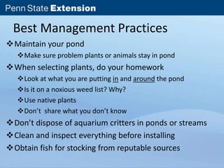 Best Management Practices 
Maintain your pond 
Make sure problem plants or animals stay in pond 
When selecting plants, do your homework 
Look at what you are putting in and around the pond 
Is it on a noxious weed list? Why? 
Use native plants 
Don’t share what you don’t know 
Don’t dispose of aquarium critters in ponds or streams 
Clean and inspect everything before installing 
Obtain fish for stocking from reputable sources 
 