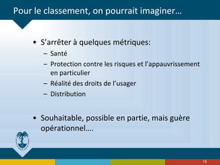 Pour le classement, on pourrait imaginer…
• S’arrêter à quelques métriques:
– Santé
– Protection contre les risques et l’appauvrissement
en particulier
– Réalité des droits de l’usager
– Distribution
• Souhaitable, possible en partie, mais guère
opérationnel….
15
 