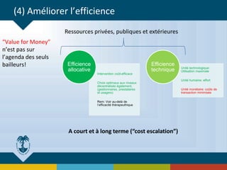 (4) Améliorer l’efficience
“Value for Money”
n’est pas sur
l’agenda des seuls
bailleurs!
Intervention coût-efficace
Choix optimaux aux niveaux
décentralisés également,
(gestionnaires, prestataires
et usagers)
Rem: Voir au-delà de
l’efficacité thérapeuthique
Efficience
allocative Unité technologique:
Utilisation maximale
Unité humaine: effort
Unité monétaire: coûts de
transaction minimisés
Efficience
technique
Ressources privées, publiques et extérieures
A court et à long terme (“cost escalation”)
 