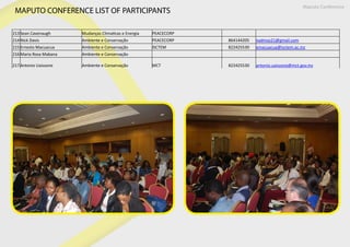 213 Sean Cavenaugh Mudanças Climaticas e Energia PEACECORP
214 Nick Davis Ambiente e Conservação PEACECORP 864144205 nadmoz21@gmail.com
215 Ernesto Macuacua Ambiente e Conservação ISCTEM 822425530 emacuacua@isctem.ac.mz
216 Maria Rosa Mabana Ambiente e Conservação
217 Antonio Uaissone Ambiente e Conservação MCT 822425530 antonio.uaissone@mct.gov.mz
MAPUTO CONFERENCE LIST OF PARTICIPANTS
Maputo Conference
 